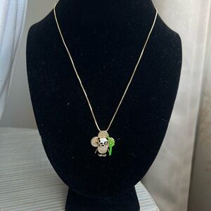 🩷- Gold pavé floral face panda Pendant Necklace with Green bamboo accents